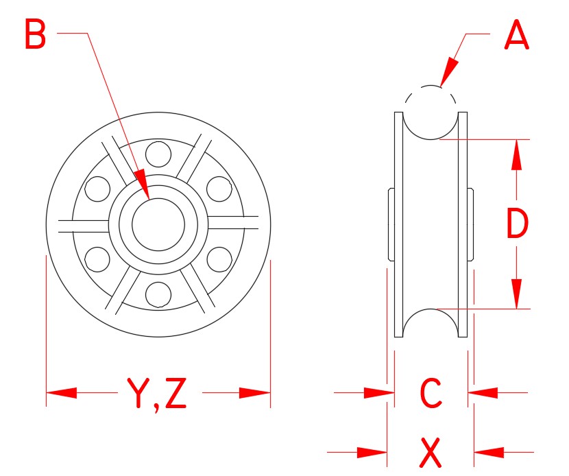 Stainless Steel Rope Sheave with Bushing, S0400-0025, S0400-0032, S0400-0050, Line Drawing